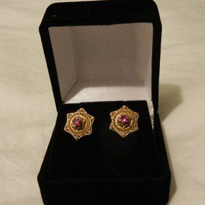 Earrings 10K Gold ornate hexagon gold setting with lab grown ruby center
